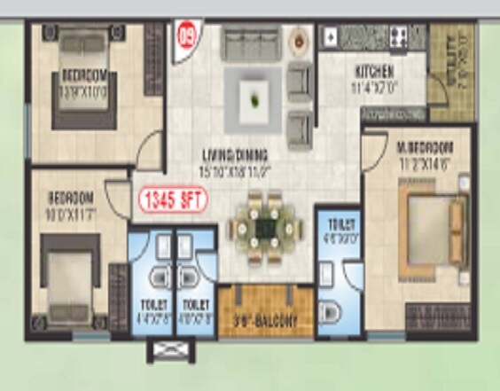 Floor plan of 3 BHK 1345 Sq. Ft. Apartment in Jai Bharathi Signature, Bangalore