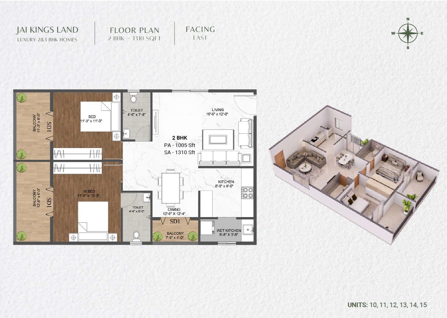 Floor plan of 2 BHK 1310 Sq. Ft. Apartment in Jai Kings Land, Bangalore