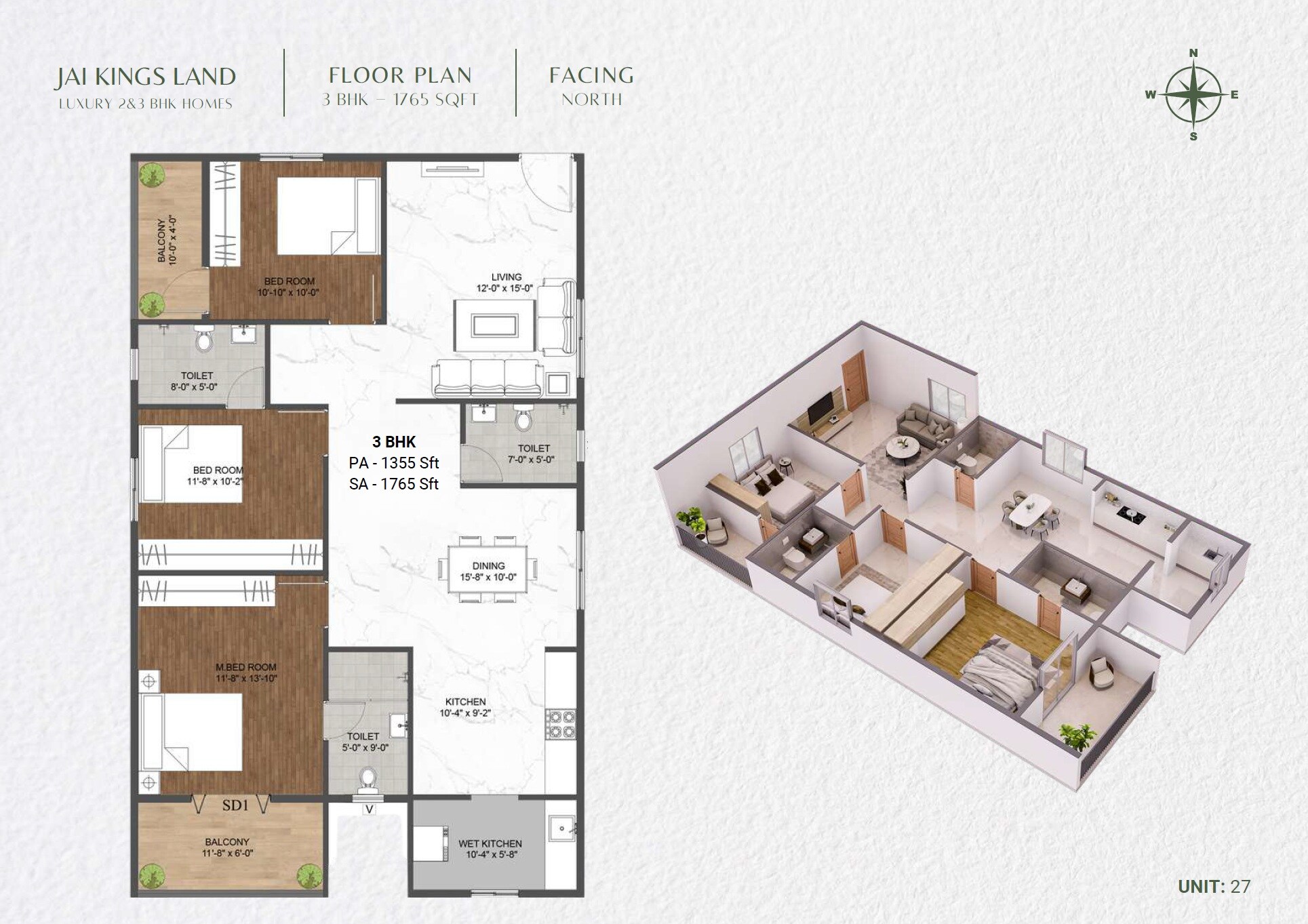 Floor plan of 3 BHK 1765 Sq. Ft. Apartment in Jai Kings Land, Bangalore