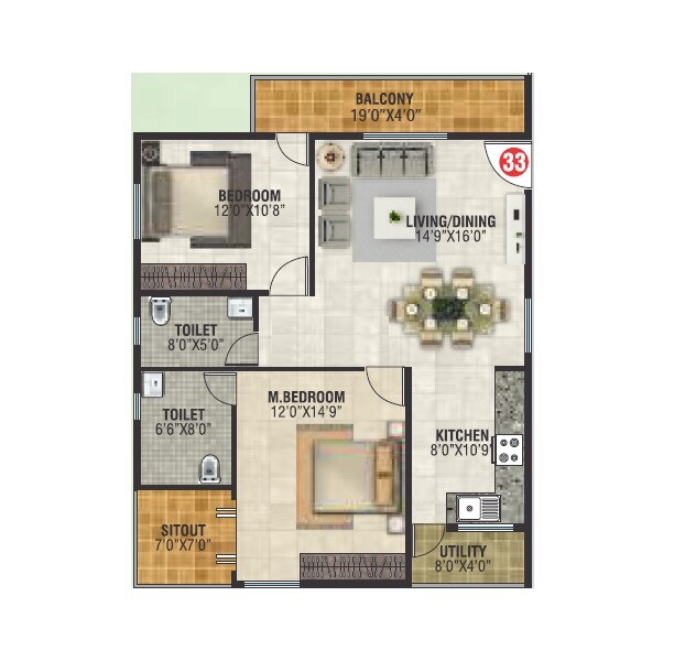 Floor plan of 2 BHK 713 Sq. Ft. Apartment in Jai Royal Park, Bangalore