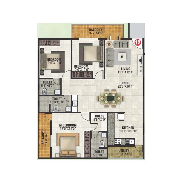 Floor plan of 3 BHK 1298 Sq. Ft. Apartment in Jai Royal Park, Bangalore