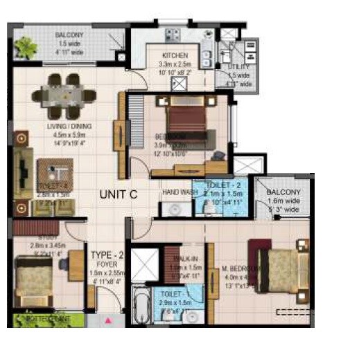 Floor plan of 3 BHK 2404 Sq. Ft. Apartment in Jain Heights AON, Bangalore