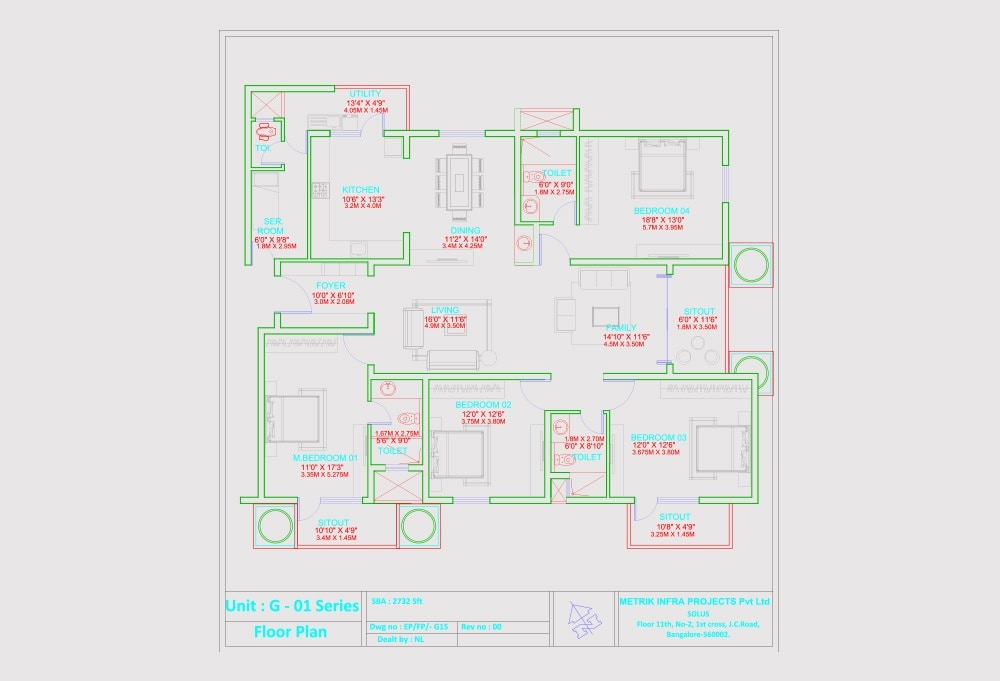 Floor plan of 4 BHK 2732 Sq. Ft. Apartment in Jain Heights East Parade, Bangalore