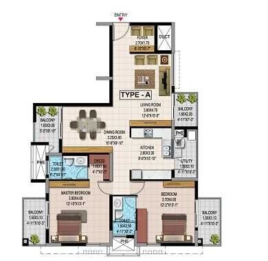 Floor plan of 2 BHK 1368 Sq. Ft. Apartment in Jain Heights Grand West, Bangalore