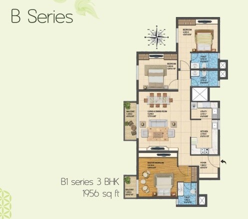 Floor plan of 3 BHK 1956 Sq. Ft. Apartment in Jain Heights Palaash, Bangalore