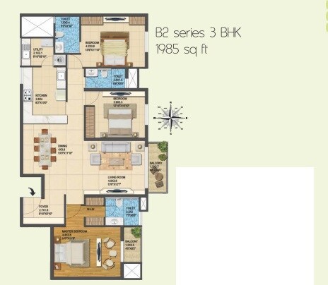 Floor plan of 3 BHK 1985 Sq. Ft. Apartment in Jain Heights Palaash, Bangalore