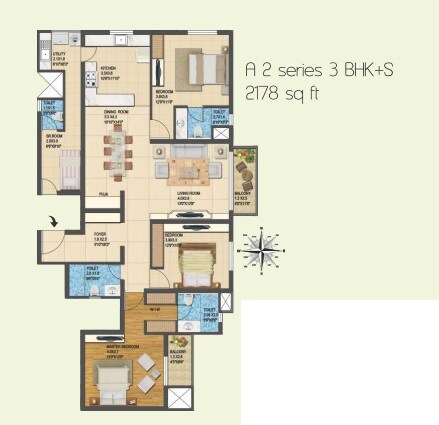 Floor plan of 3 BHK 2178 Sq. Ft. Apartment in Jain Heights Palaash, Bangalore