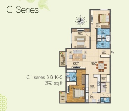 Floor plan of 3 BHK 2192 Sq. Ft. Apartment in Jain Heights Palaash, Bangalore