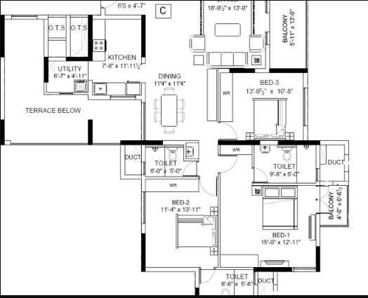 Floor plan of 3 BHK 1729 Sq. Ft. Apartment in Jain Swadesh, Bangalore