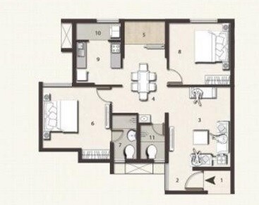 Floor plan of 2 BHK 1101 Sq. Ft. Apartment in Jains Aashraya, Bangalore