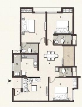 Floor plan of 3 BHK 1487 Sq. Ft. Apartment in Jains Aashraya, Bangalore