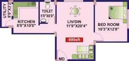 Floor plan of 1 BHK 690 Sq. Ft. Apartment in Jana Jeeva Greenwoods, Bangalore