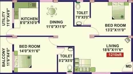 Floor plan of 2 BHK 1210 Sq. Ft. Apartment in Jana Jeeva Greenwoods, Bangalore