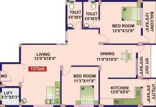 Floor plan of 2 BHK 1375 Sq. Ft. Apartment in Jana Jeeva Greenwoods, Bangalore