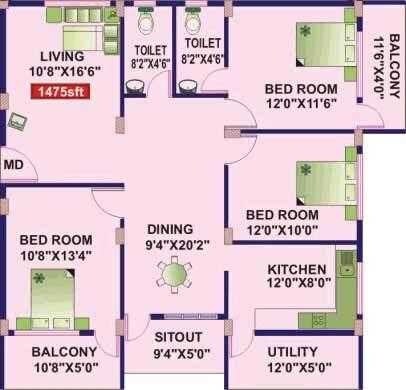 Floor plan of 4 BHK 1475 Sq. Ft. Apartment in Jana Jeeva Greenwoods, Bangalore