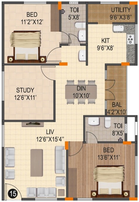 Floor plan of 2 BHK 1155 Sq. Ft. Apartment in Jana Jeeva Orchid, Bangalore