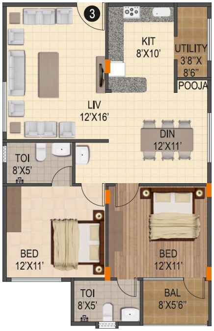 Floor plan of 2 BHK 1300 Sq. Ft. Apartment in Jana Jeeva Orchid, Bangalore