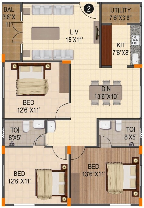 Floor plan of 3 BHK 1425 Sq. Ft. Apartment in Jana Jeeva Orchid, Bangalore