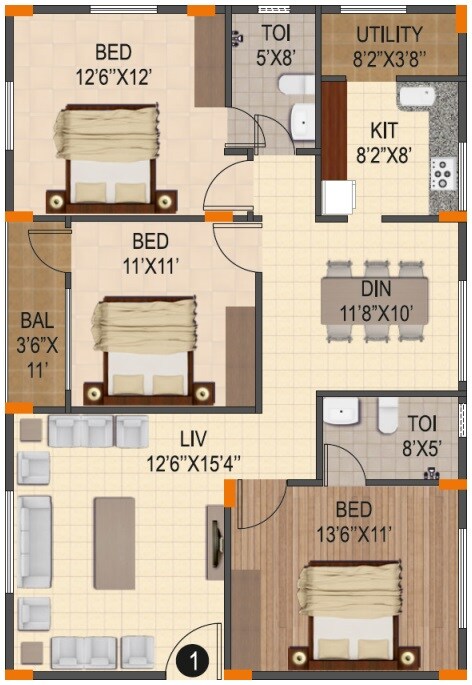 Floor plan of 3 BHK 1670 Sq. Ft. Apartment in Jana Jeeva Orchid, Bangalore