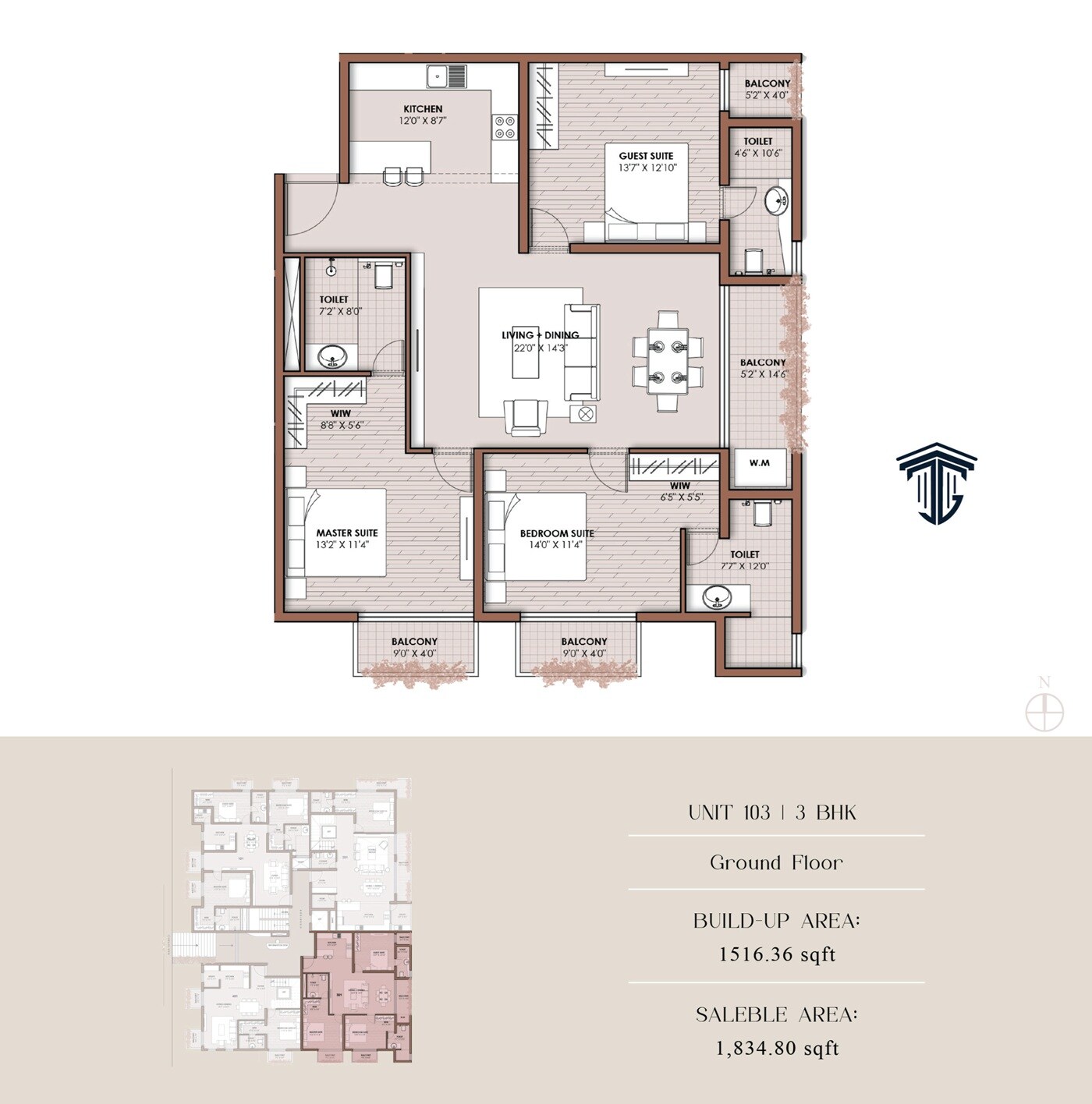Floor plan of 3 BHK 1834 Sq. Ft. Apartment in Jayalakshmi Vruksha Grove, Bangalore