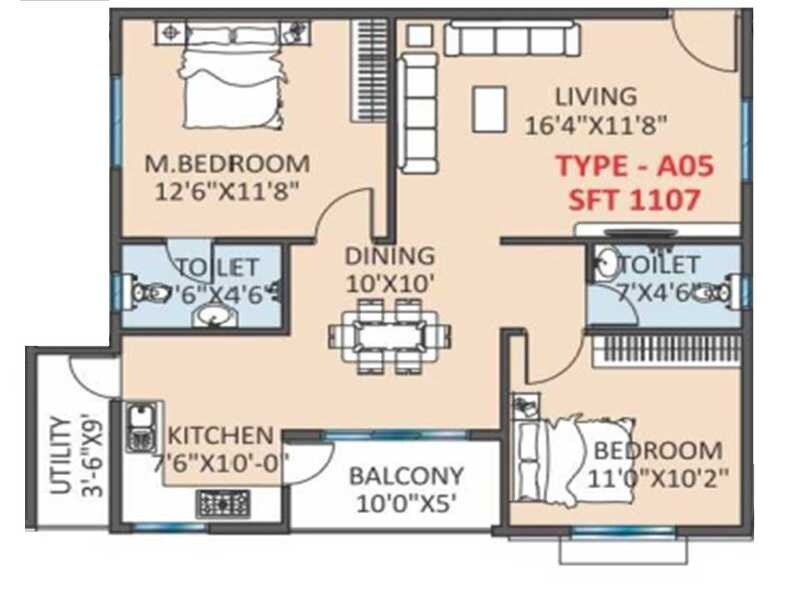 Floor plan of 2 BHK 1107 Sq. Ft. Apartment in Jayalaxmi Ravoos Nandan, Bangalore