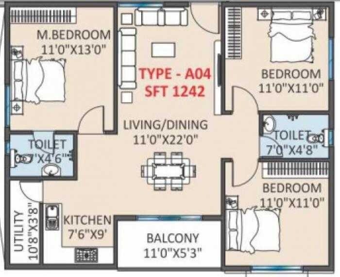 Floor plan of 3 BHK 1242 Sq. Ft. Apartment in Jayalaxmi Ravoos Nandan, Bangalore