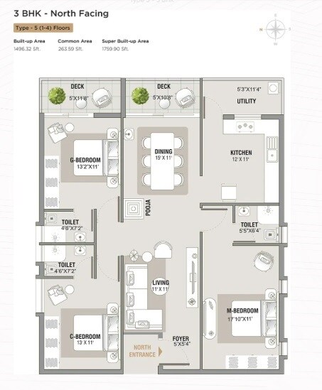 Floor plan of 3 BHK 1760 Sq. Ft. Apartment in Jayan One, Bangalore