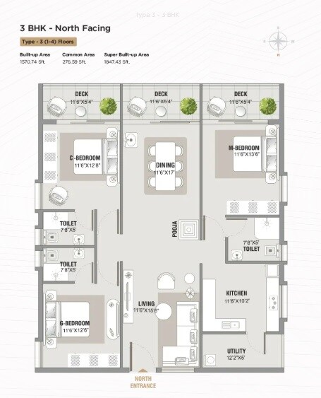 Floor plan of 3 BHK 1847 Sq. Ft. Apartment in Jayan One, Bangalore