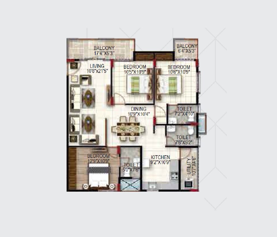 Floor plan of 3 BHK 1885 Sq. Ft. Apartment in JCSV Pride, Bangalore