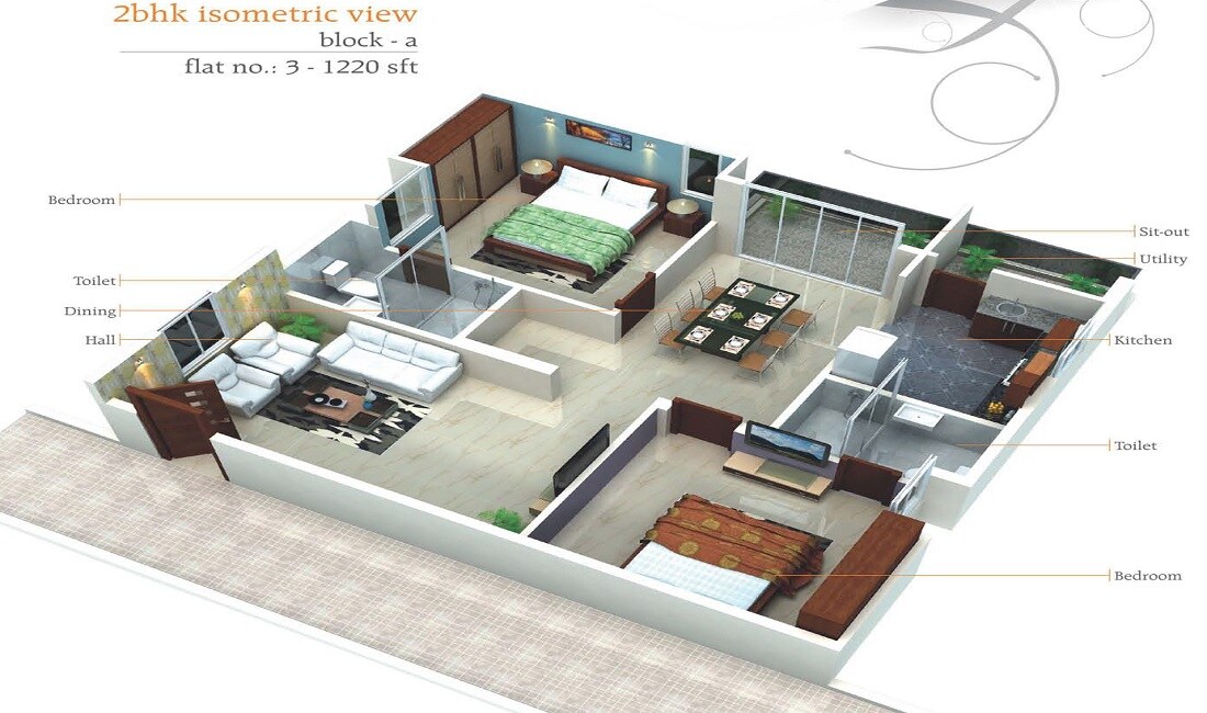 Floor plan of 2 BHK 1220 Sq. Ft. Apartment in Jeevan Exotica, Bangalore