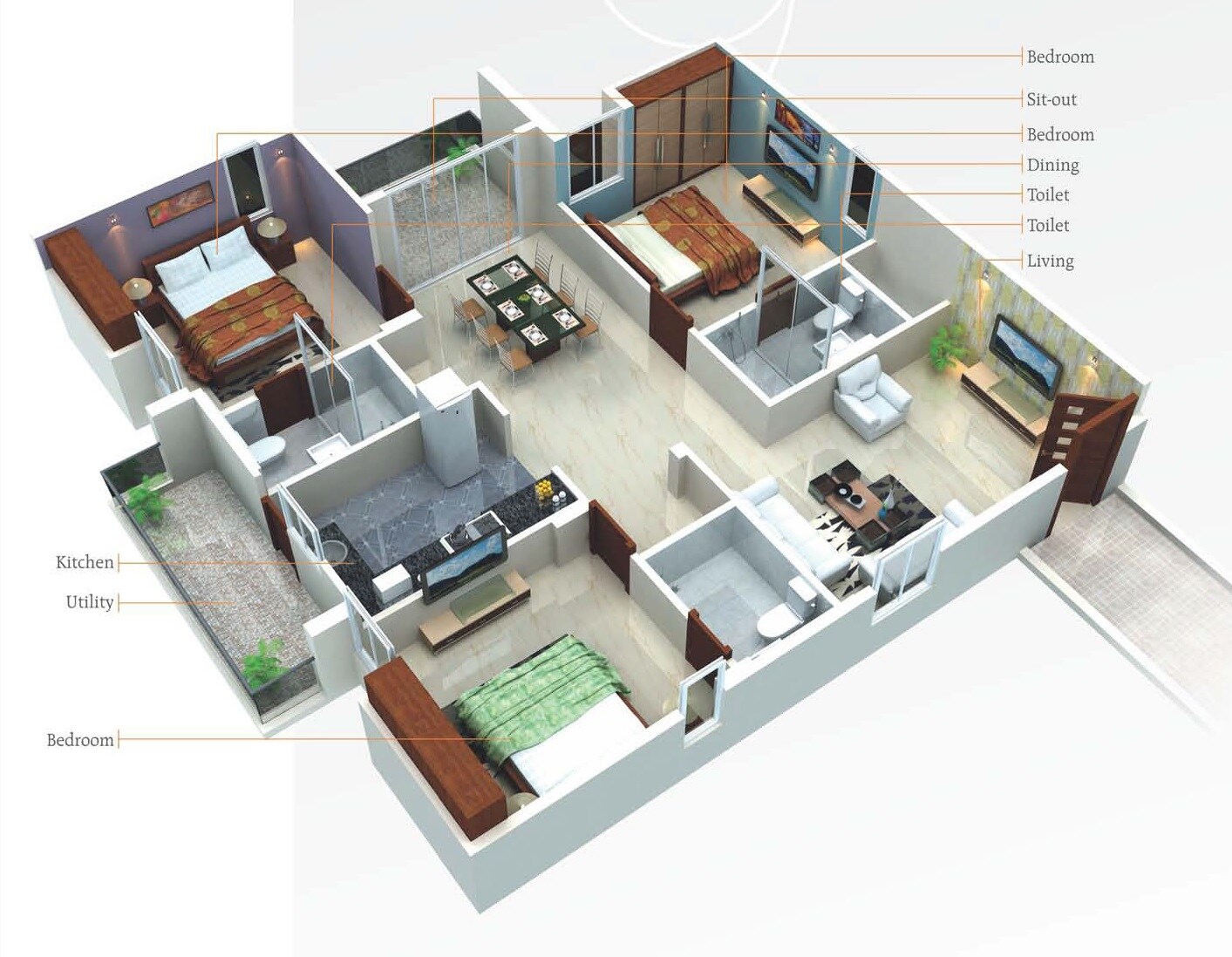 Floor plan of 3 BHK 1595 Sq. Ft. Apartment in Jeevan Exotica, Bangalore