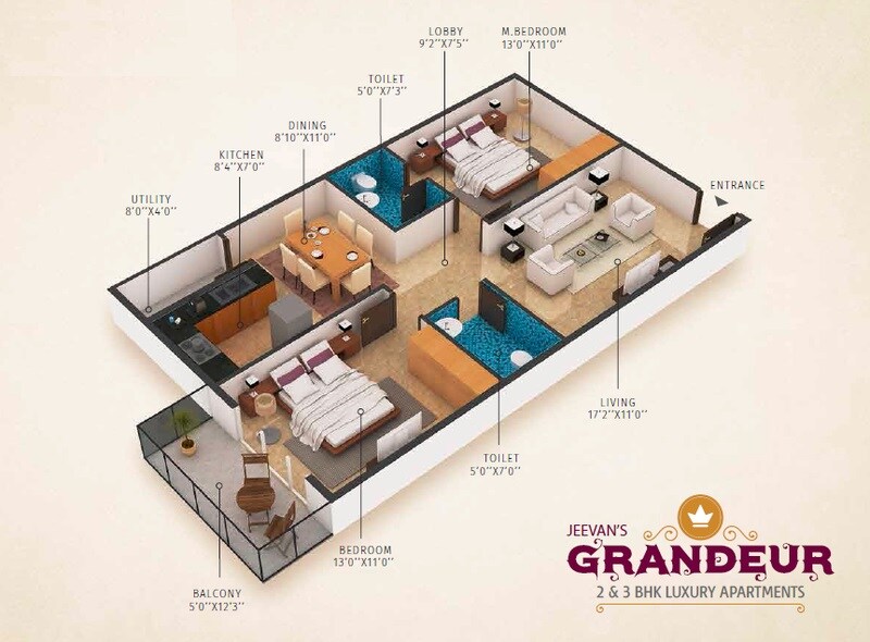 Floor plan of 2 BHK 1075 Sq. Ft. Apartment in Jeevan Grandeur, Bangalore