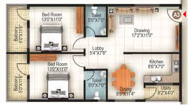 Floor plan of 2 BHK 1220 Sq. Ft. Apartment in Jeevan Grandeur, Bangalore