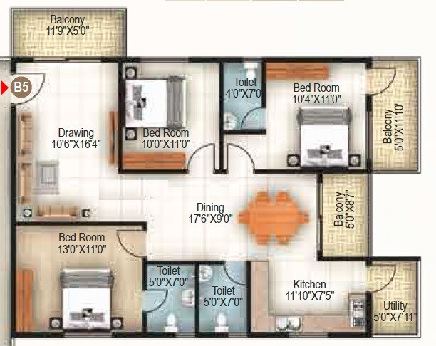 Floor plan of 3 BHK 1320 Sq. Ft. Apartment in Jeevan Grandeur, Bangalore
