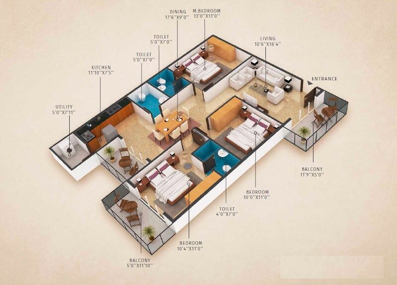 Floor plan of 3 BHK 1675 Sq. Ft. Apartment in Jeevan Grandeur, Bangalore
