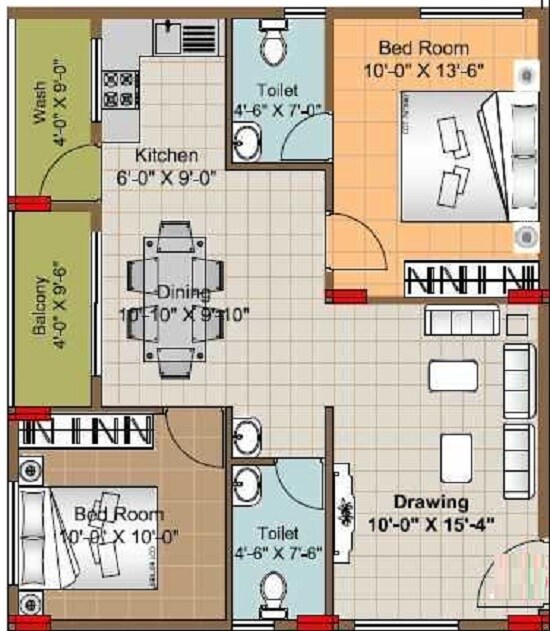 Floor plan of 2 BHK 1025 Sq. Ft. Apartment in Jeevan Pristine, Bangalore