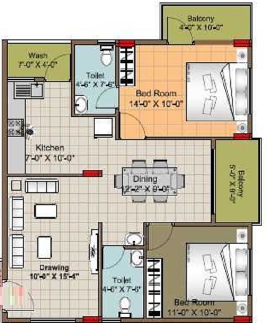 Floor plan of 2 BHK 1080 Sq. Ft. Apartment in Jeevan Pristine, Bangalore