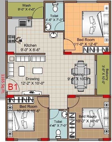 Floor plan of 3 BHK 1165 Sq. Ft. Apartment in Jeevan Pristine, Bangalore