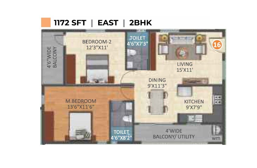 Floor plan of 2 BHK 1172 Sq. Ft. Apartment in Jeya Green Horizon, Bangalore