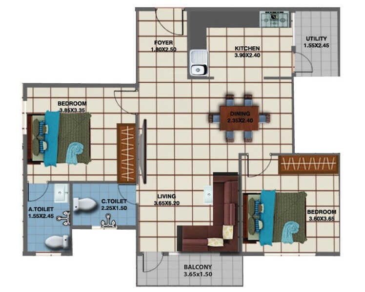 Floor plan of 2 BHK 1331 Sq. Ft. Apartment in Jhanavi Capetown Heights, Bangalore