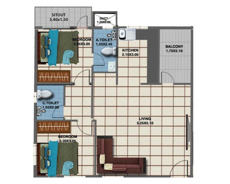 Floor plan of 2 BHK 956 Sq. Ft. Apartment in Jhanavi Capetown Heights, Bangalore