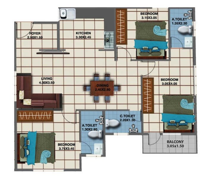 Floor plan of 3 BHK 1423 Sq. Ft. Apartment in Jhanavi Capetown Heights, Bangalore