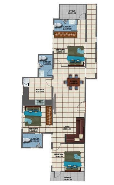 Floor plan of 3 BHK 1559 Sq. Ft. Apartment in Jhanavi Capetown Heights, Bangalore