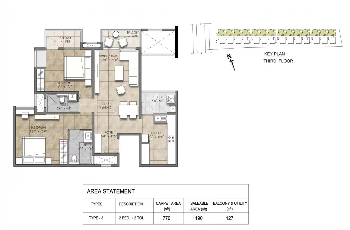 Floor plan of 2 BHK 1190 Sq. Ft. Apartment in Jhanavi Noreste, Bangalore