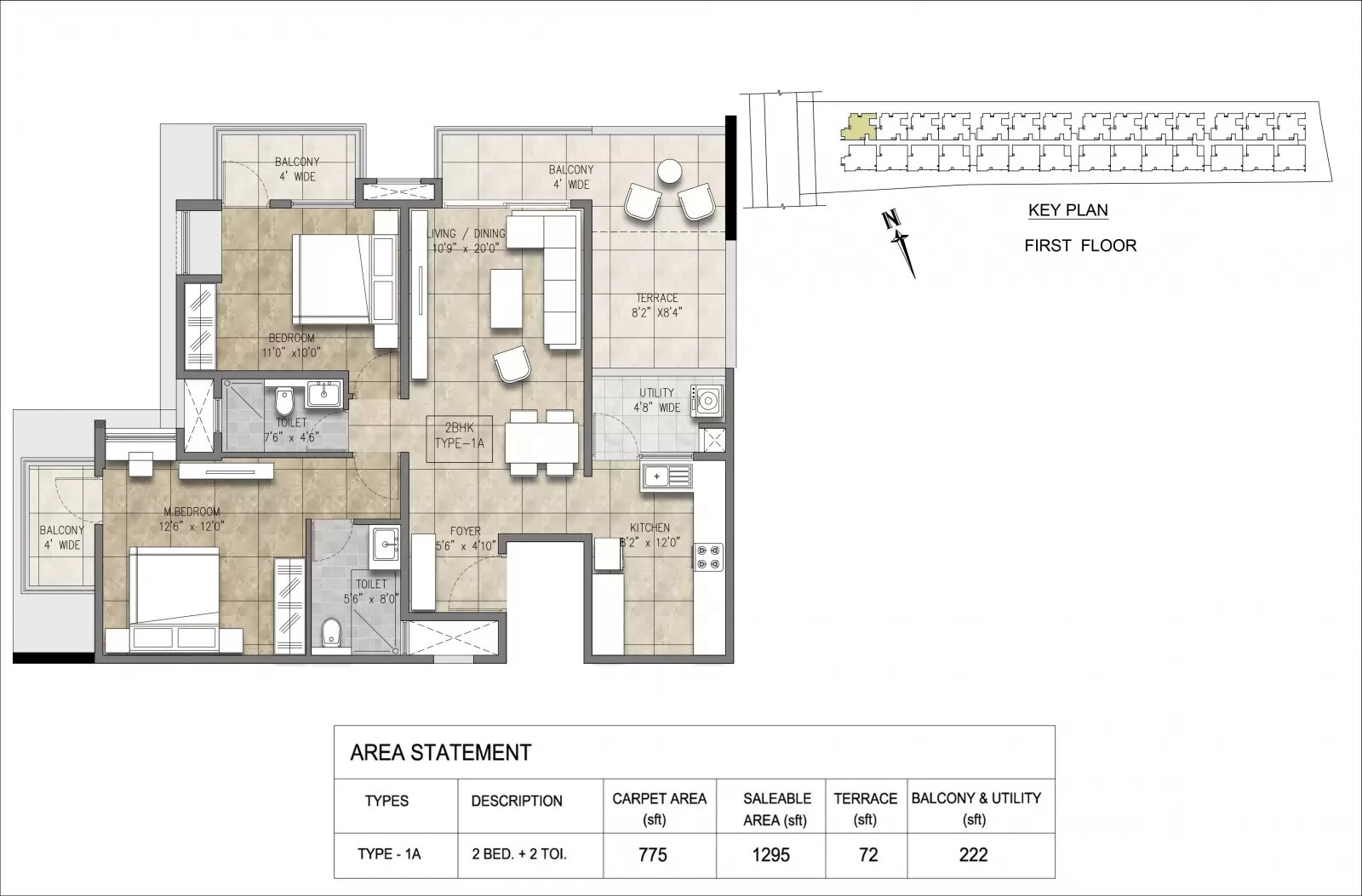 Floor plan of 2 BHK 1295 Sq. Ft. Apartment in Jhanavi Noreste, Bangalore