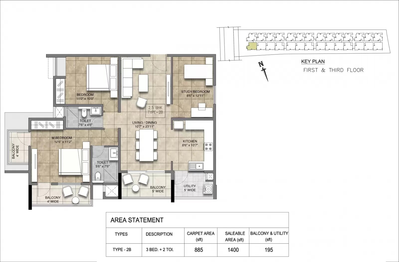 Floor plan of 3 BHK 1400 Sq. Ft. Apartment in Jhanavi Noreste, Bangalore