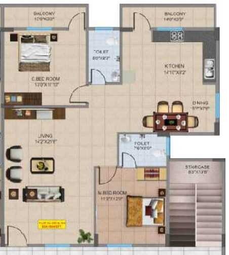 Floor plan of 2 BHK 1019 Sq. Ft. Apartment in JMD SR Residency, Bangalore