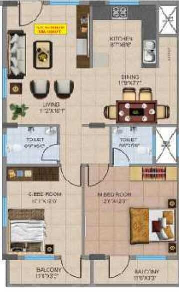 Floor plan of 2 BHK 1150 Sq. Ft. Apartment in JMD SR Residency, Bangalore