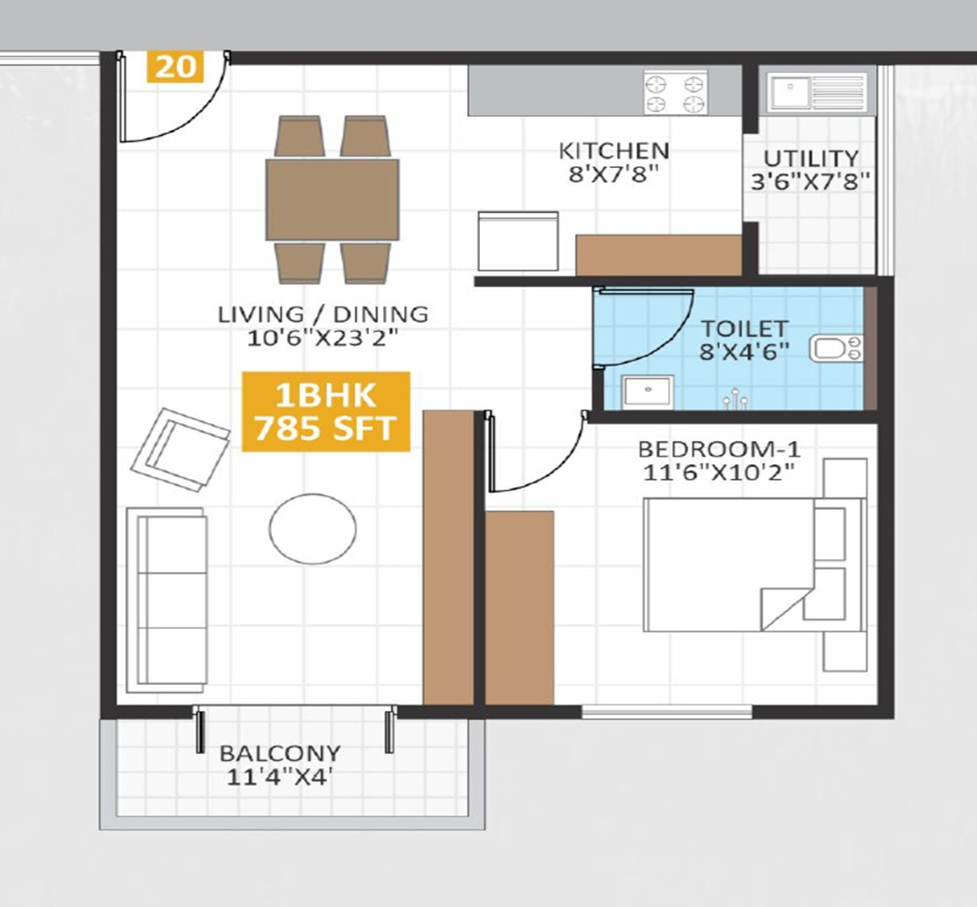 1 BHK 785 Sq. Ft. Apartment
