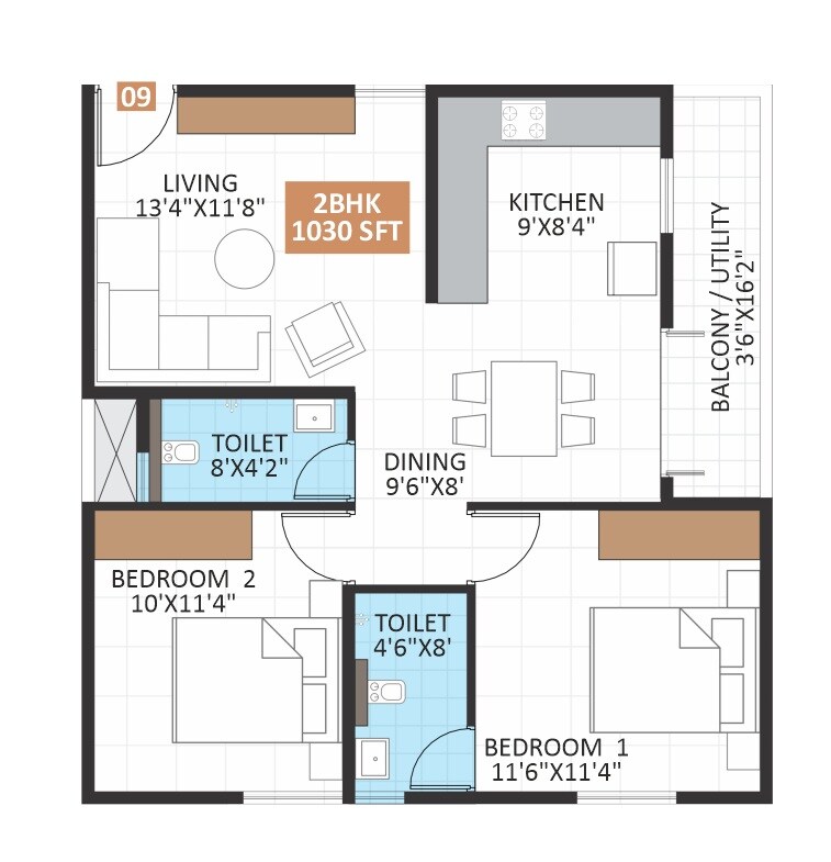 2 BHK 1030 Sq. Ft. Apartment